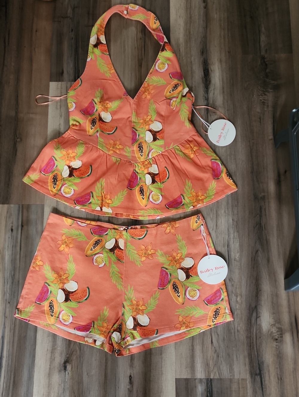 Womens Tropical Fruit Print Halter Top & Shorts Set - Orange - Picture 1 of 7